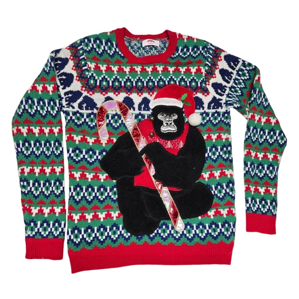 Holiday Time Ugly Christmas Sweater Gorilla Candy Cane Novelty Medium‎